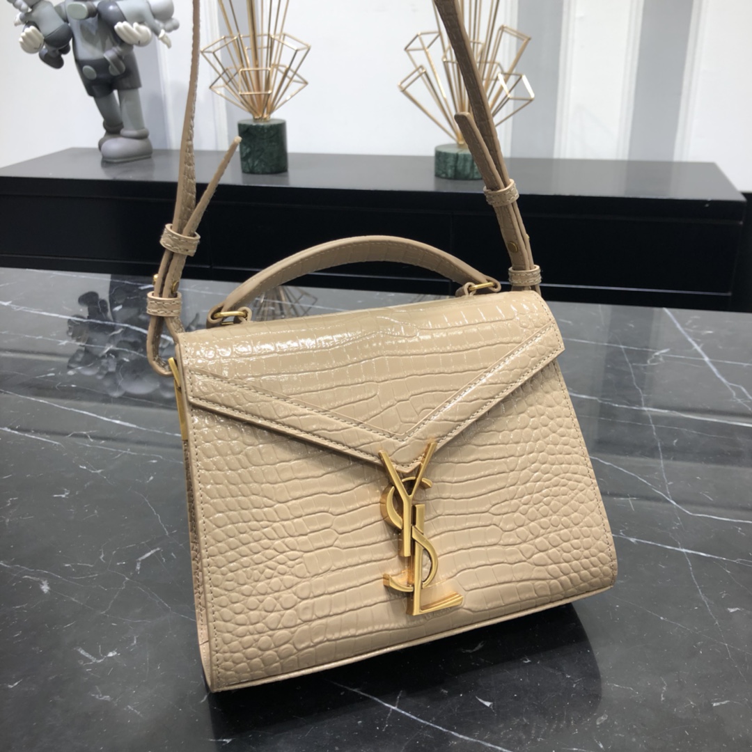 Saint Laurent Cassandera Mini Crocodile Embossed Bright Calfskin Handbag Shoulder Bag Apricot 623930